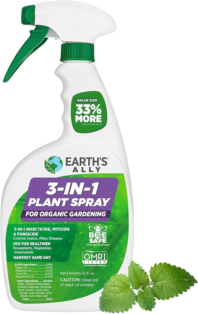 Earth's Ally 3-in-1 Plant Spray - Insect Repellent & Pest Control for Indoor Outdoor Organic Gardening - 32 Oz Ready-to-Use