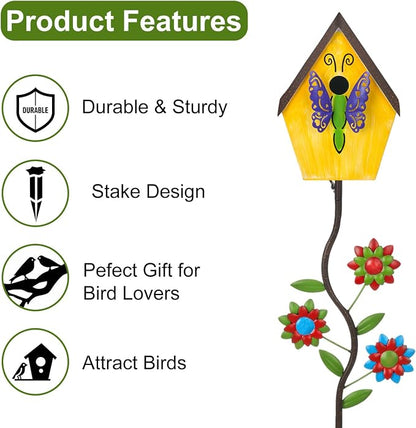 51” Metal Bird Houses Stake for Outside Butterfly Design | Metal Wild Birdhouse, 5 Pronged Garden Stake Pole, Outdoor Decorations for Patio, Backyard, Garden