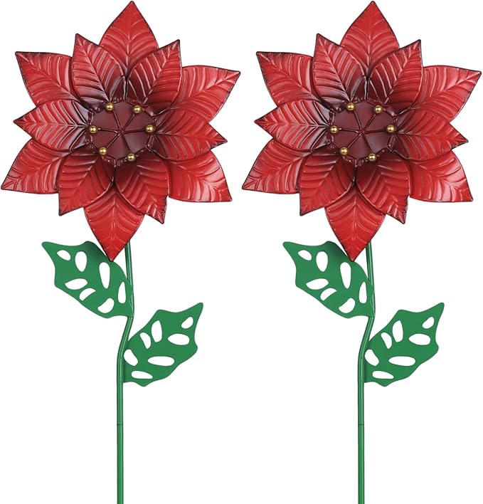 YEAHOME Outdoor Christmas Decorations, Set of 2 Poinsettia Flower Decorative Garden Stakes for Christmas Decor, Metal Red Flowers Xmas Decorations for Outside Garden Yard Lawn Porch