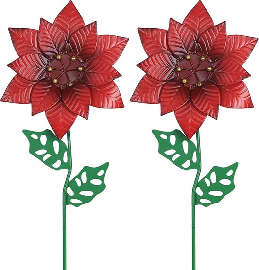 YEAHOME Outdoor Christmas Decorations, Set of 2 Poinsettia Flower Decorative Garden Stakes for Christmas Decor, Metal Red Flowers Xmas Decorations for Outside Garden Yard Lawn Porch