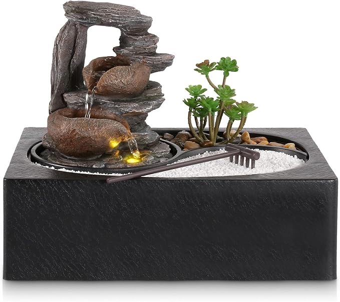 Dyna-Living Indoor Water Fountains Tabletop Water Fountain with Warm Light | Zen Water Fountain Indoor for Relaxation, Desk Zen Waterfall Feature for Home & Office Decor, Quiet Pump, Relieve Stress
