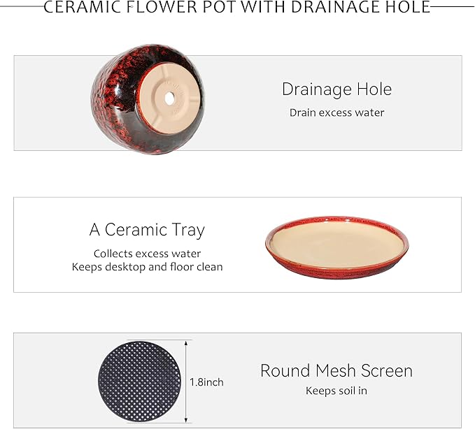 7.5 Inch Ceramic Planter with Saucer,Modern Garden Pots with Drainage Hole Mesh Net, for Indoor Outdoor Use(Speckle Red)