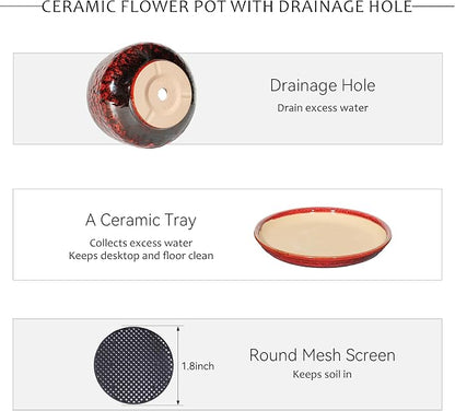 7.5 Inch Ceramic Planter with Saucer,Modern Garden Pots with Drainage Hole Mesh Net, for Indoor Outdoor Use(Speckle Red)