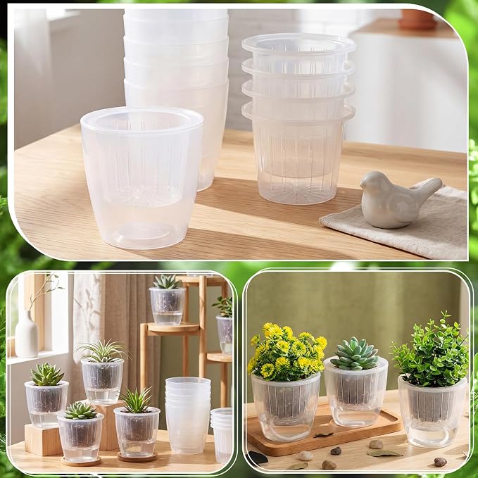 24 Pcs Self Watering Pots, 5.1 Inch Plastic Plant Pot with Inner Pot Self Watering Wick Planter Pots for Indoor House Plants, Flowers, Succulents (Transparent)