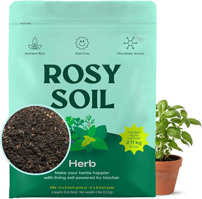 Rosy Soil Herb Mix, Organic Indoor and Outdoor Herb Potting Soil, 4 Quarts | Biochar, Worm Castings, Mycorrhizae Blend, Peat-Free, Fast Draining, for Basil, Cilantro, Lavender, Thyme, Mint, Rosemary