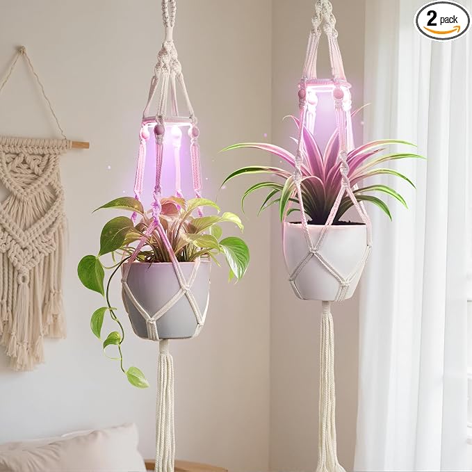 2 Pack Macrame Plant Hanger with Grow Light for Indoor Plants | 10 Brightness, 3 Light Modes, 3/9/12H Timer, Fits 5-9 in Pots, Cotton Rope, Boho Decor, Pots Not Included