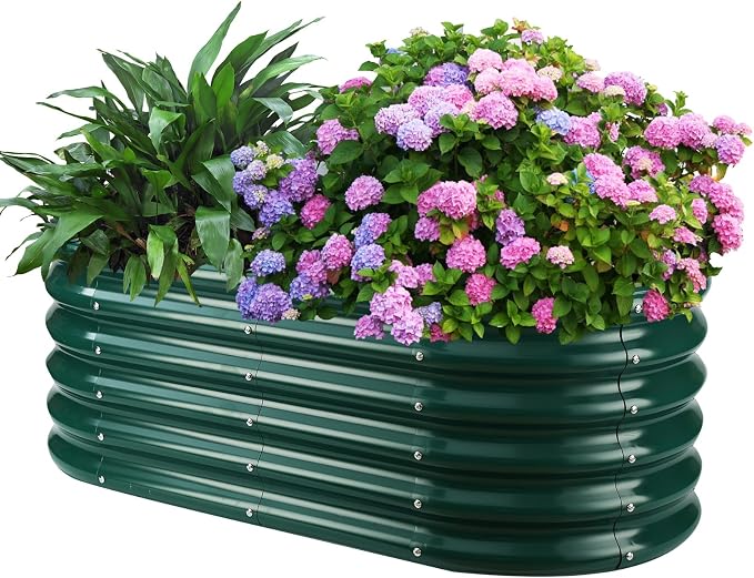 17" Tall Oval-Shaped / Elliptic Metal Raised Garden Bed Outdoor Dark Green | 48X24X17 Inch,1.5 FT Tall,0.8MM Thick Galvanized Metal Painted,for Variety of Flowers,Herbs,Vegetables.with Gloves,Tool free