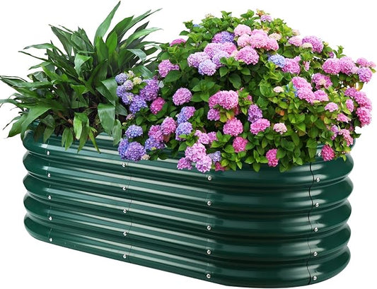 17" Tall Oval-Shaped / Elliptic Metal Raised Garden Bed Outdoor Dark Green | 48X24X17 Inch,1.5 FT Tall,0.8MM Thick Galvanized Metal Painted,for Variety of Flowers,Herbs,Vegetables.with Gloves,Tool free