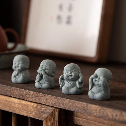 4PCS Laughing Buddha Statue for Good Luck & Feng Shui Decor – Cute Small Zen Monk Sandstone Sculpture for Home, Office, Desk, Aquarium Decor (Four no Zen Statue)