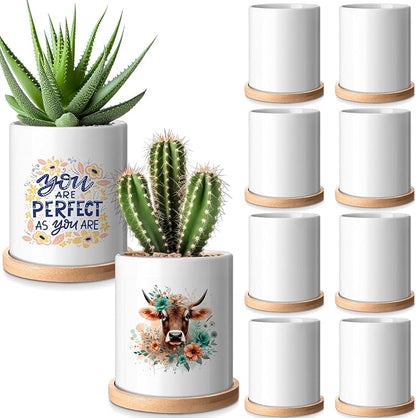 Teenyyou 10 Pcs Sublimation Flower Pot Blanks Mini 3.2 in Garden Ceramic Succulent Planter Pot with Bamboo Tray with Drainage Hole Thank You Gifts for Employee Appreciation Plant Lover