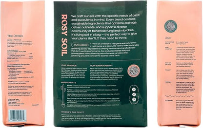 Rosy Soil Cactus & Succulent Potting Mix, 4 Quarts | Organic Succulent Potting Soil, Chunky Fast Draining, Peat-Free, Root Boosting Mix, for AloeVera, Cacti, Indoor Succulents