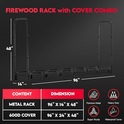 Zettum 8ft Firewood Log Rack - Outdoor Wood Stand Holder, Heavy Duty Metal Fire Wood Pile Organizer with Cover for Fireplace Storage (96 x 14 x 48 Inch)