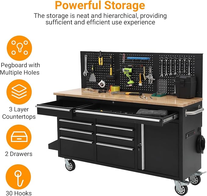 61" Rolling Tool Chest Workbench with 10-Drawers & Solid Rubber Wood Top, Mobile Heavy Duty Tool Storage Cabinet with Lock, Casters, Drawer Liner & 1675 LBS Load Capacity, Includes Power Strip