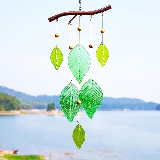 YU FENG 20 Inch Green Stained Glass Wind Chimes with Leaves Outdoor Decor | Handmade Glass Wind Chime, Leaf Forest Ornament, Rainbow Light Effect, Garden Yard Window Hanging Decoration