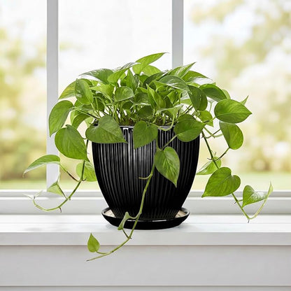 6 Inch Ceramic Planter, Indoor Plant Pots for Small Plants, Decorative Flower Pots with Drainage Hole and Saucer, Round Pot for Plants, Office Bathroom Decor, Gifts for Plant Lovers, Black