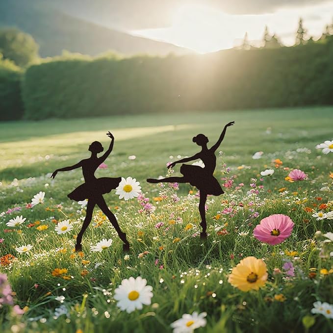 WADORN 2Pcs Ballet Girl Metal Decorative Garden Stakes, Black Ballet Dancer Silhouette Outdoor Statues Rustic Garden Ornament Gifts Yard Art Decoration Stake for Outdoor Backyard Patio Lawn Walkway