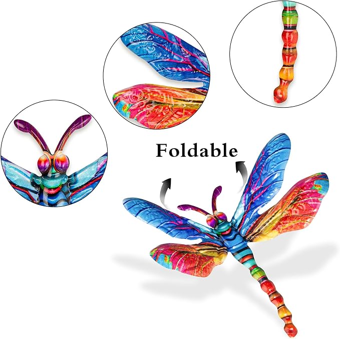 SUNREEK Metal Dragonfly Wall Decor - 9.6" Outdoor Fence Wall Art, Hanging Decorations for Garden Yard Patio Room Decorations, 4 Pack (Color- 4)