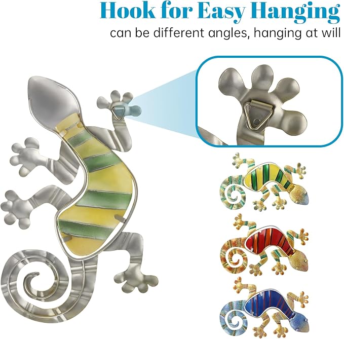 WANFSOWO 3D Metal Gecko Wall Art, Hand-Painted Colorful Lizard Wall Sculpture, Indoor Outdoor Hanging Decor for Garden Fence Patio Porch Backyard, Home Decor Gift (Style 2)