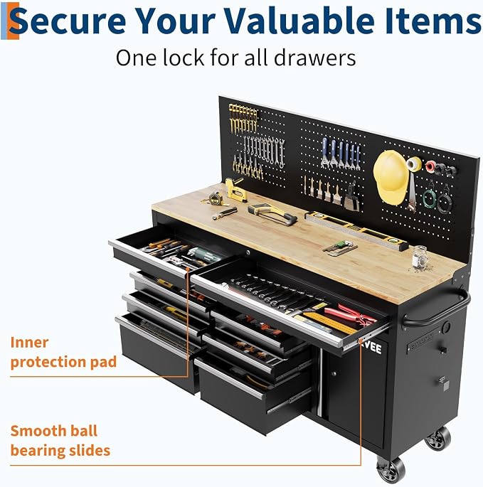 Garvee 60 in Rolling Tool Chest with 10 Drawers & Pegboard, Mobile Garage Tool Cabinet with Locks & Charging Station, Heavy Duty Workbench for Workshop, Black