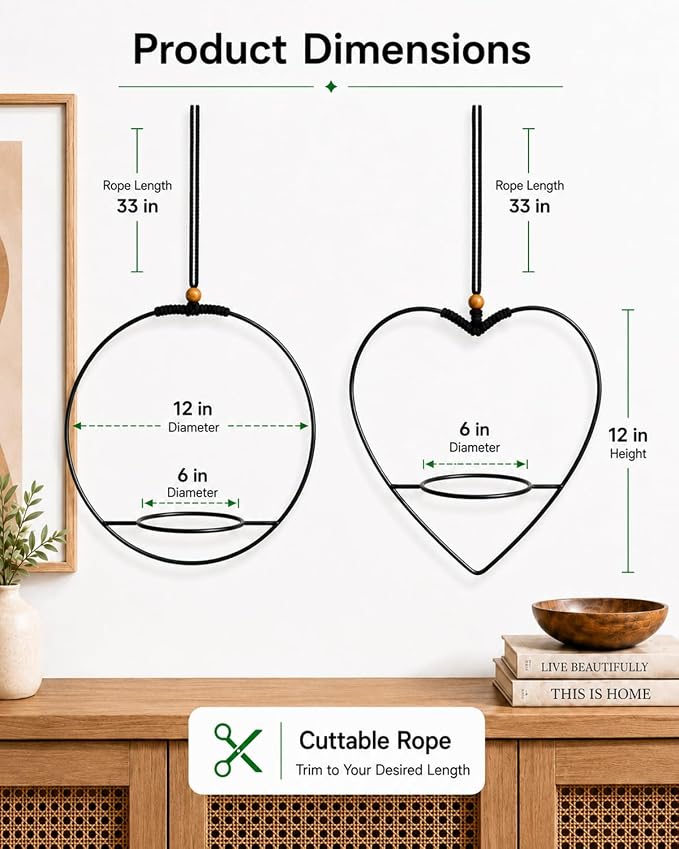 vensovo Decorative Hanging Planter Set of 2 – 1 Round & 1 Heart-Shaped Metal Frame Hanging Plant Holders with Braided Rope, Wooden Bead Accent & White Plastic Pots – Stylish Indoor Outdoor Decor