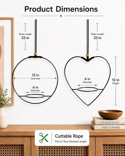 vensovo Decorative Hanging Planter Set of 2 – 1 Round & 1 Heart-Shaped Metal Frame Hanging Plant Holders with Braided Rope, Wooden Bead Accent & White Plastic Pots – Stylish Indoor Outdoor Decor
