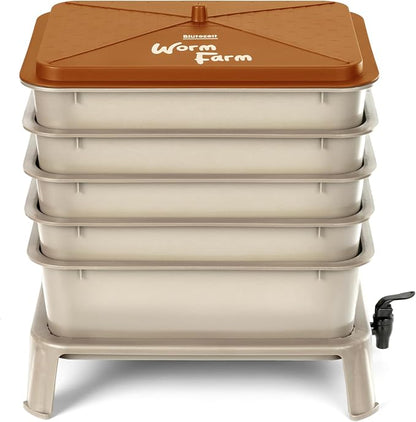 Blütezeit 5-Tray Worm Compost Bin, 53QT Outdoor & Indoor Worm Composter with Worm Farm Starter Kits for Home & Kitchen Recycling Food Waste (Gold)