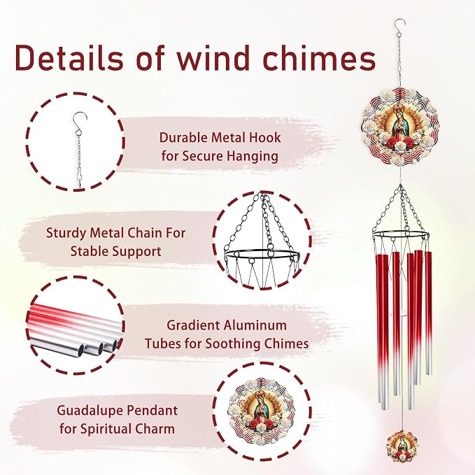 Our Lady of Guadalupe Wind Chimes for Outside with Wind Spinner, Summer Garden Patio Yard Decor, Virgin Mary Religious Wind Chime with Gift Box, Catholic Gifts for Women Mom Grandma