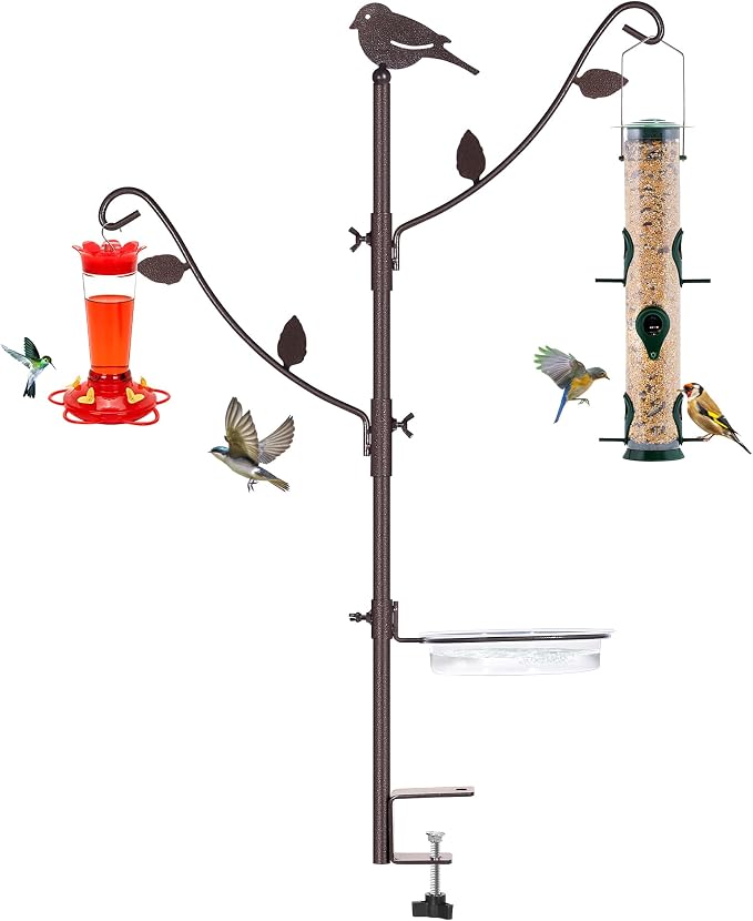 YINGYM Deck Bird Feeder Pole Porch Multi-Hooks Hanging Kit for Outside with Two Adjustable Branches, Water Bowl, Bird Feeder Planter Hanger