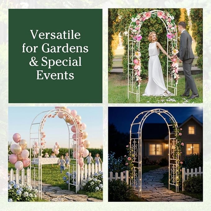 Plow & Hearth Arch Metal Outdoor Garden Arbor Montebello White, 7 Feet Tall, Iron Trellis Lattice for Climbing Plants, Wedding Arch, Outdoor Patio Décor