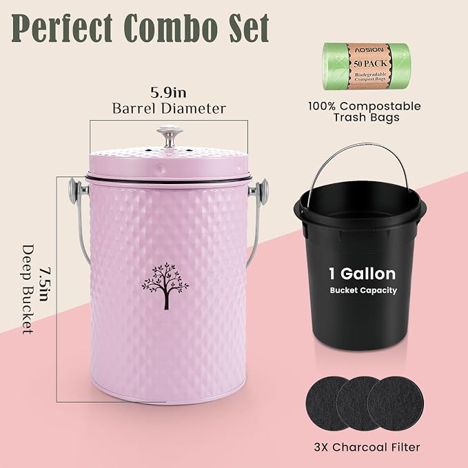AOSION Countertop Compost Bin, Odor-Free Food Waste Container with 50 Bags | 1 Gallon Container,2 Carbon Filters,Compost Bucket, coffee grounds