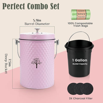 AOSION Countertop Compost Bin, Odor-Free Food Waste Container with 50 Bags | 1 Gallon Container,2 Carbon Filters,Compost Bucket, coffee grounds