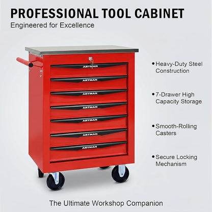 7-Drawer Rolling Tool Chest, Lockable Stainless Worktop for Garage, Red | Heavy Duty Metal Tool Cabinet with Drawers on Wheels for Warehouse and Workshop Storage