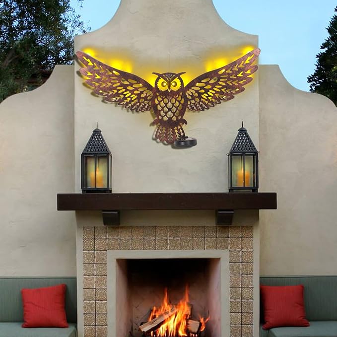 Metal Owl Outdoor Wall Decor with 35 Led Solar Lights- 23" Outdoor Fence Wall Art Decor, Gift for Mom Grandma Women Birthday Gardening,Hanging Decoration for Garden Patio Porch Yard