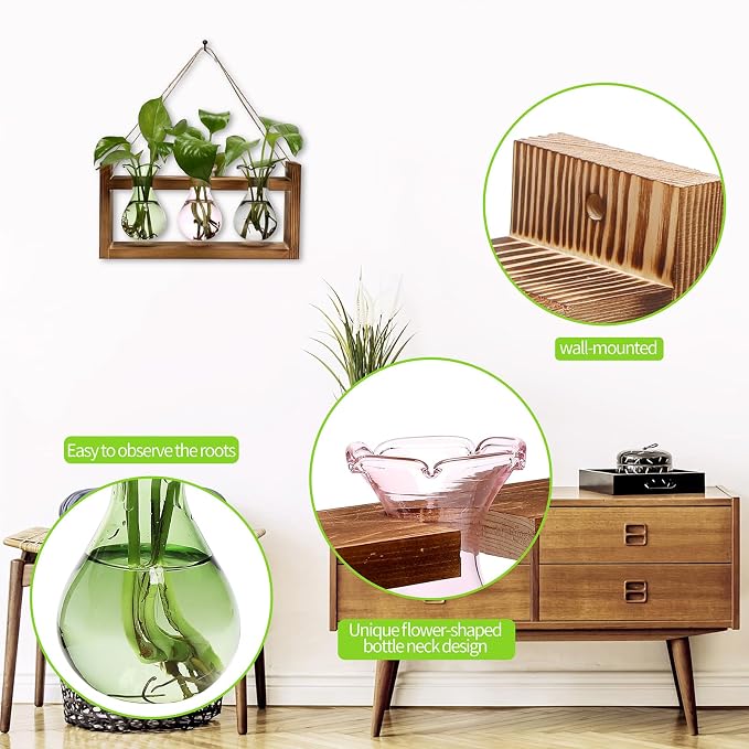 Plant Propagation Station Plant Terrarium Unique Birthday Gifts for Women | Plant Lovers Home Office Decor Planter with Wooden Stand - 3 Bulb Glass Vase