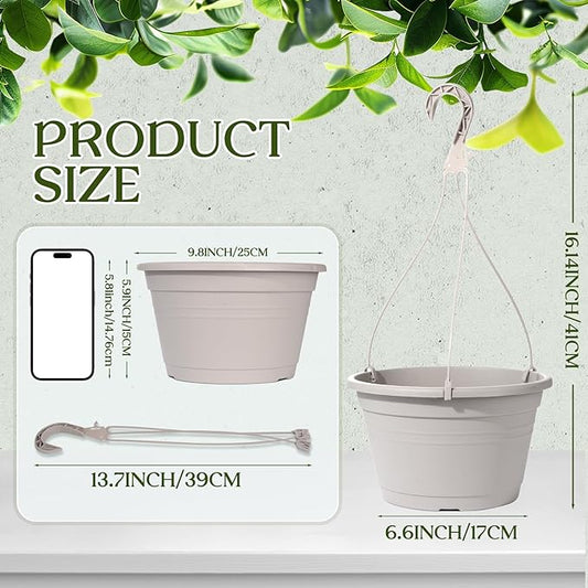 4 Pcs Hanging Planters,10" Hanging Pots Plastic Hanging Flower Plant Basket with Drainage Trays & Chain Holder for Outdoor Indoor Plants Garden Balcony Decoration, Light Gray