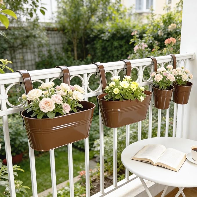 Pack of 4 Metal Hanging Planters for Outdoor Plants, 2 Pcs 4" Round Railing Planter & 2 Pcs 10" Oval Fence Flower Pots for Balcony Garden Decor, Chocolate