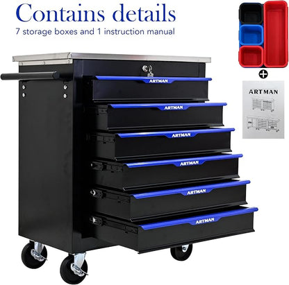 6-Drawer Rolling Tool Chest, Lockable Stainless Top for Garage, Black&Blue | Heavy Duty Modular Roll Around Tool Cabinet with Drawers for Workshop and Tool Box Storage