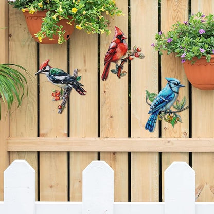 3 Pack Metal Birds Wall Art Garden Decor, Cardinal Outdoor Wall Art Yard Patio Fence Decoration, 3D Colorful Birds Wall Hanging Sculpture Gift for Garden Outside Livingroom