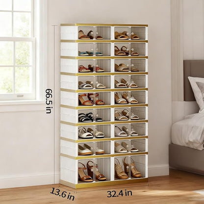 SYNCVIBE Shoe Rack Organizer for Closet Entryway Foldable Sneaker Storage Shoe, Collapsible Shoe Cabinet, Stackable Shoe Storage Cabinet with Lids for Living Room (9 Tiers -36 Pairs White Gold)