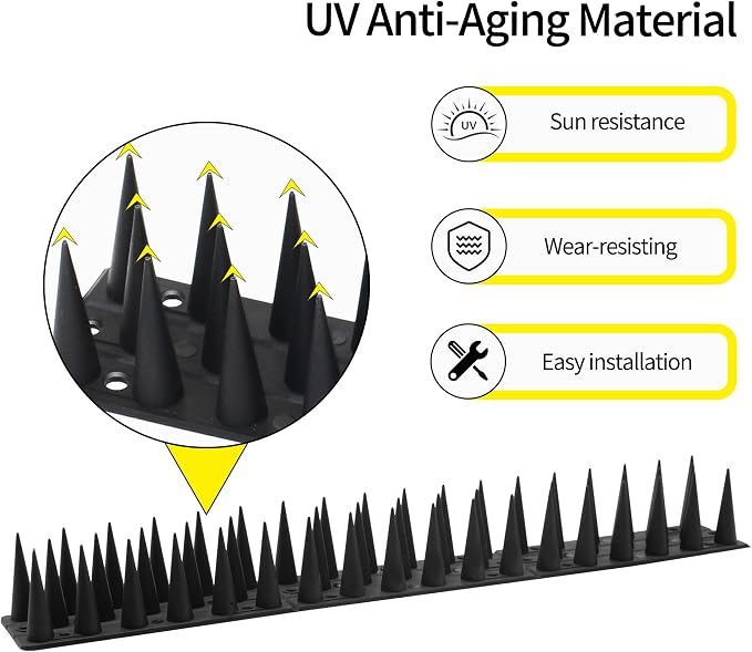 Bird Spikes, 13.2FT Outdoor Bird Deterrent Spikes Device for Birds Pigeon Woodpecker Squirrel Raccoon Cat, Plastic Bird Deterrent for Outside, Patio, Roof, Sill, Fascia (Black, 12Pcs)