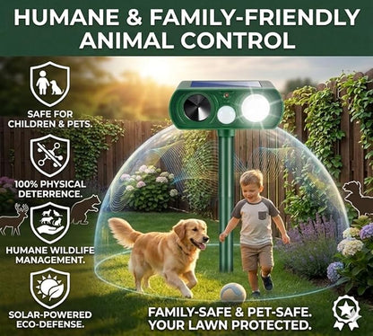 4Pack Ultrasonic Deer Repellent for Plants Solar Animal Repellent Outdoor with Motion Sensor Strobe Light for Rabbit Cat Deterrent Raccoon Squirrel Fortress Pro Keep Pests Out of Yard Farm