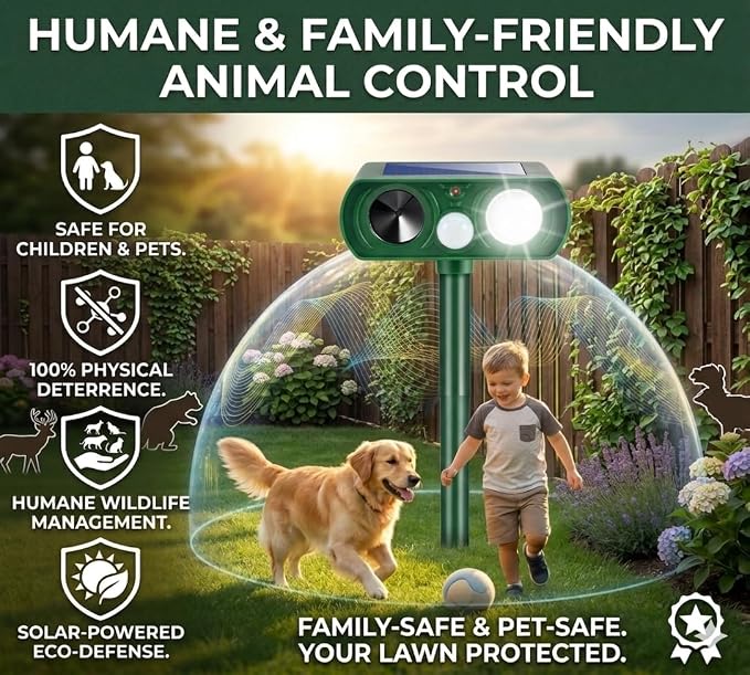 2026 Upgraded Sonic Fortress Pro Deer Repellent Devices,Solar Ultrasonic Animal Repellent with Motion Sensor & Strobe Light Waterproof Cat Deterrent Outdoor for Backyard,Yard,Flower Bed 4Pack