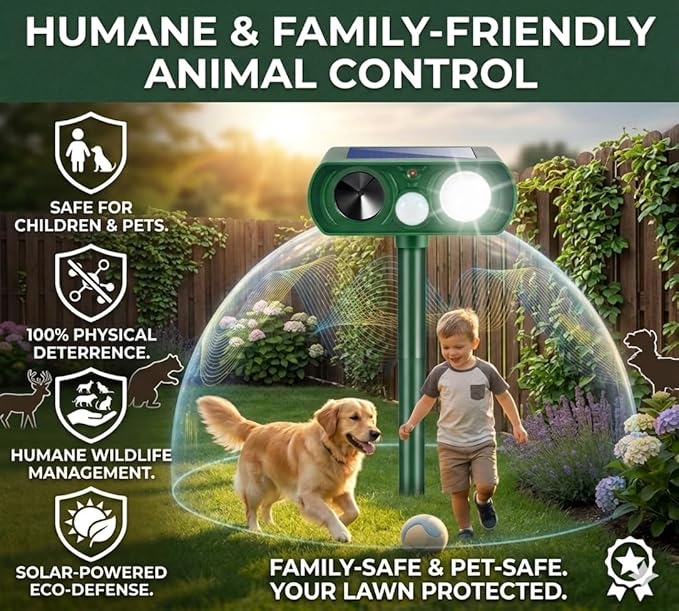 Solar Ultrasonic Animal Repellent Outdoor Deer Repellent Devices,2 Pack Squirrel Cat Deterrent with Motion Sensor & Strobe Light Waterproof Rabbit Repellent Raccoon Fortress Pro for Plants Garden Yard