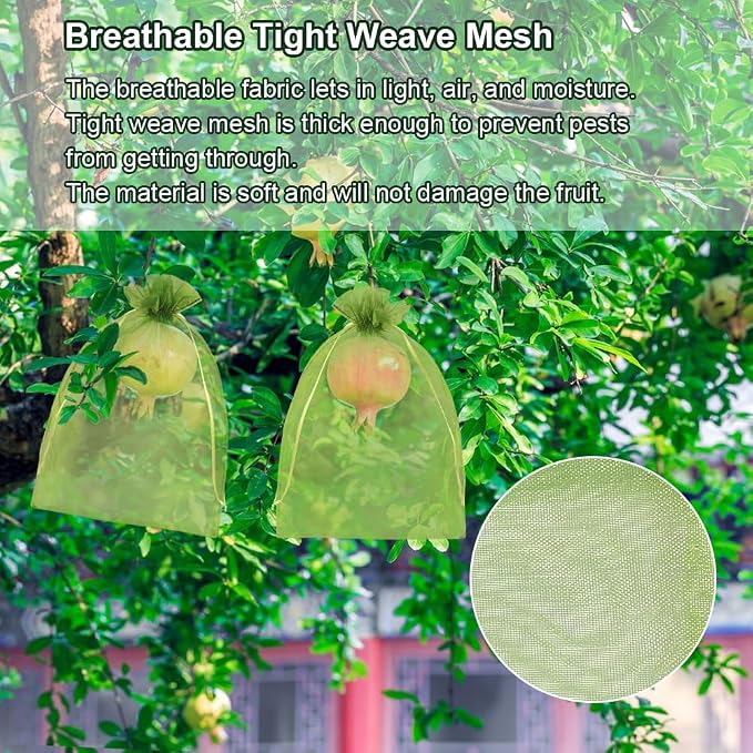 Shintop 100Pcs Fruit Protection Bags, 8x12 Inch Green Grape Netting Cover Drawstring Mesh Bags Pest Barrier for Fruit Trees Flower