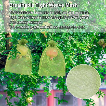 Shintop 100Pcs Fruit Protection Bags, 8x12 Inch Green Grape Netting Cover Drawstring Mesh Bags Pest Barrier for Fruit Trees Flower