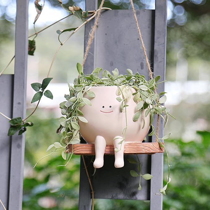 Large Swinging Smiley Face Planter Pot Hanging Flower Planters for Indoor and Outdoor Plants, Funny Succulent Pots for String of Pearls Plant Live- Ideal Gifts for Mother's Day and Christmas