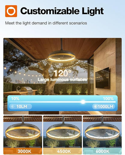 addlon Outdoor Ceiling Fan with Light for Patios, 20 inch Black Waterproof Gazebo Fan Remote&APP Control,6 Speeds 3CCT Dimmable,DC Motor, Plug in Ceiling Fan with Hook Hanging for Pergola Porch Canopy