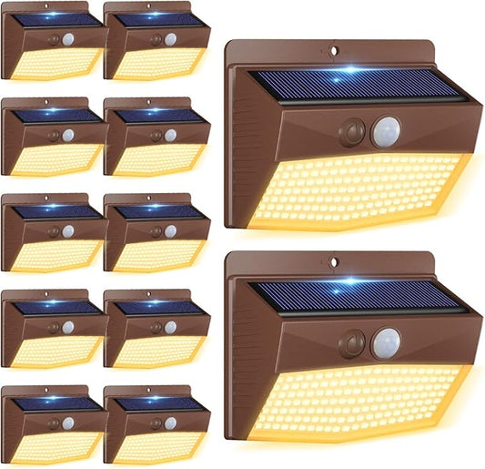Peasur 12 Packs Solar Outdoor Lights Motion Sensor Solar Security Light Waterproof with 3 Lighting Modes Solar Powered Wall Lights Outside for Garden Fence Yard, Brown Warm