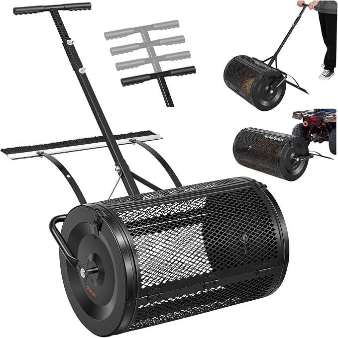 VEVOR Compost Spreader, 24" Wide Peat Moss Spreader with Push/Tow Handle & Brush, 4 Heights Adjustable, Powder-Coated Steel Garden Peat Moss Roller, Heavy Duty Grass Seed Roller for Planting Seeding