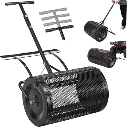 VEVOR Compost Spreader, 24" Wide Peat Moss Spreader with Push/Tow Handle & Brush, 4 Heights Adjustable, Powder-Coated Steel Garden Peat Moss Roller, Heavy Duty Grass Seed Roller for Planting Seeding